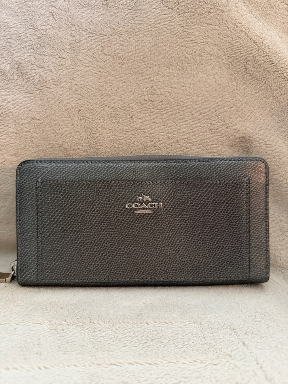 Coach Black Pebbled Leather Zip Wallet with Silver Logo
